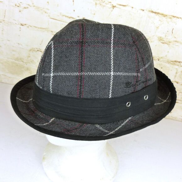 Y2K Ben Sherman Fedora Hat Men L/XL Gray Plaid Wool Black Band Emo Grunge Preppy - Picture 1 of 11